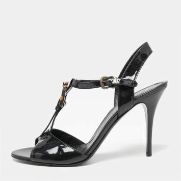 Pre Owned Fendi Black Patent Leather  T Strap Sandals Size 42