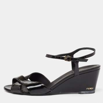 Pre Owned Fendi Black Patent Leather Wedge Ankle Strap Sandals Size 42