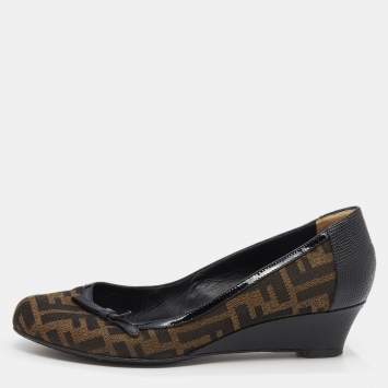 Pre Owned Fendi Brown/Black Zucca Canvas And Leather Wedge Pumps Size 39