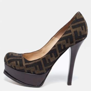 Pre Owned Fendi Tobacco Brown Zucca Canvas Fendista Platform Pumps Size 37.5
