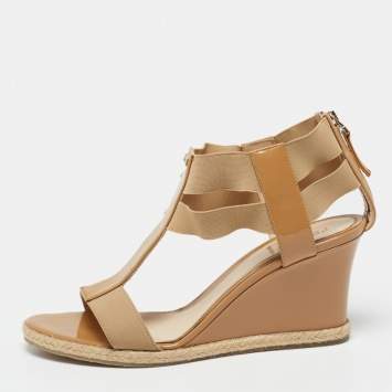Pre Owned Fendi Beige Patent Leather And Elastic Fabric Carioca Wedge Espadrille Sandals Size 38