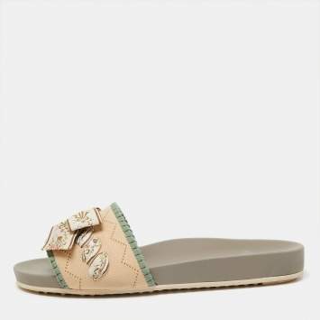 Pre Owned Fendi Multicolor Stretch Knit Fabric Bow Rubber Flat Slides Size 38.5 