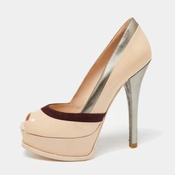 Pre Owned Fendi Tri Color Patent Leather and Suede Fendista Peep Toe Platform Pumps Size 37.5