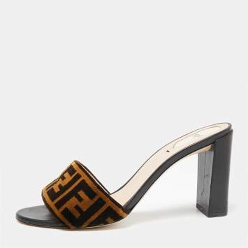 Pre Owned Fendi Brown/Black Zucca Velvet Slide Sandals Size 41