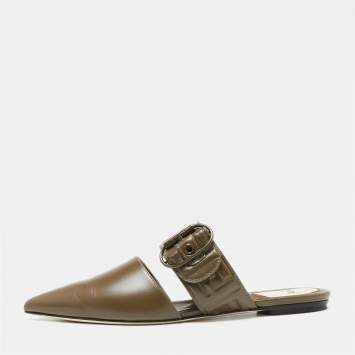 Pre Owned Fendi Olive Green Leather FF logo Buckle Mules Size 39