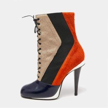 Pre Owned Fendi Multicolor Calf Hair And  Leather Lace Up Ankle Boots Size 40 