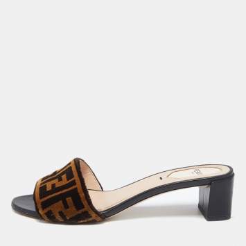 Pre Owned Fendi Brown/Black Zucca Velvet Open-Toe Slide Sandals Size 37