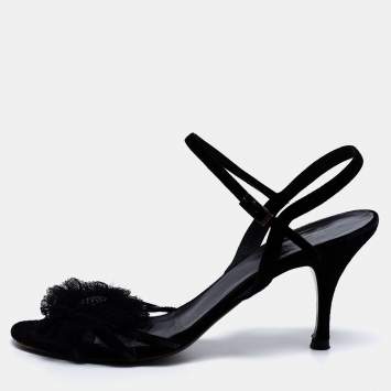 Pre Owned Fendi Black Sequin Embellished Suede Flower Applique Ankle-Strap Sandals Size 37