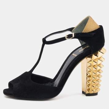 Pre Owned Fendi Black/Gold Suede And Embossed Leather Studded Block Heel T-Strap Sandals Size 36