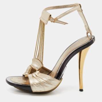 Pre Owned Fendi Metallic Gold Leather Ankle Strap Sandals Size 37.5