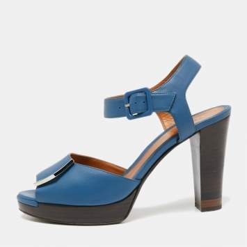 Pre Owned Fendi Blue Leather Metal Logo Open-Toe Ankle-Strap Platform Sandals Size 40