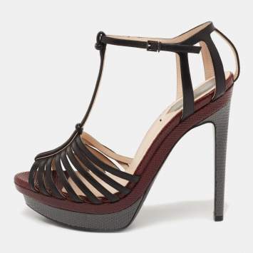 Pre Owned Fendi Tri-Color Leather T-Strap Platform Ankle-Strap Sandals Size 37