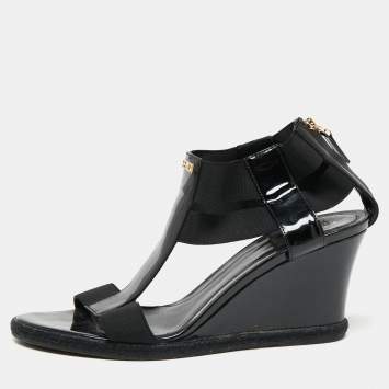 Pre Owned Fendi Black Patent Leather And Elastic T-Strap Espadrille Wedge Sandals Size 37