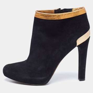 Pre Owned Fendi Black/Gold Leather And Suede Platform Ankle Boots Size 39.5