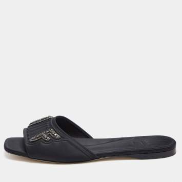 Pre Owned Fendi Black Satin Crystal Embellished Flats Slides Size 41