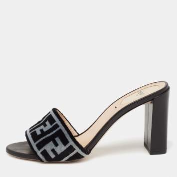 Pre Owned Fendi Grey/Black Zucca Velvet Slide Sandals Size 39