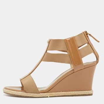 Pre Owned Fendi Beige Patent Leather And Elastic Fabric Carioca Wedge Espadrille Sandals Size 36