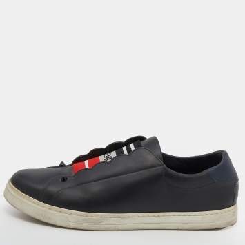 Pre Owned Fendi Black Leather And Logo Knit Fabric Scallop Detail Slip On Sneakers Size 40