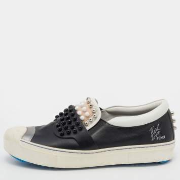 Pre Owned Fendi Black/White Leather Studded Karl Lover Slip On Sneakers Size 39