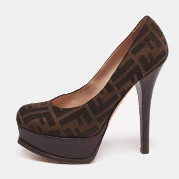 Pre Owned Fendi Tobacco Zucca Canvas Fendista Platform Pumps Size 38.5