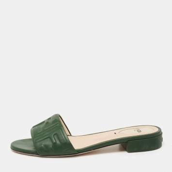 Pre Owned Fendi Green Leather FF Flat Sandals Size 38.5