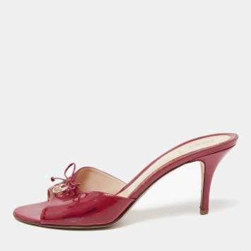 Pre Owned Fendi Hot Pink Patent Leather Bow Logo Charm Slide Sandals Size 41