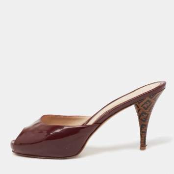 Pre Owned Fendi Burgundy Patent Leather FF Super Star Peep-Toe Slide Sandals Size 40