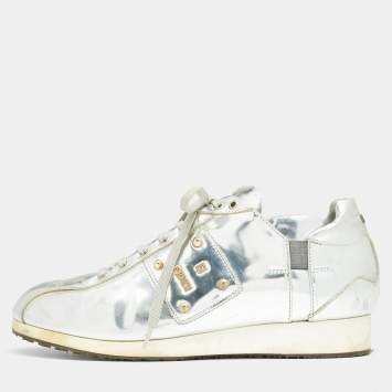Pre Owned Fendi Metallic Silver Patent Leather Low Top Sneakers Size 38