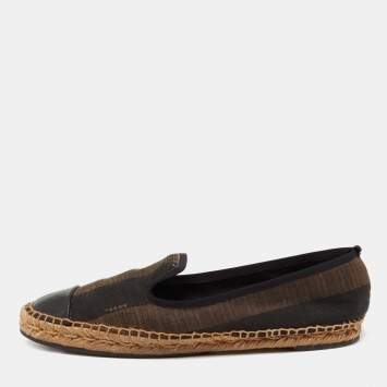 Pre Owned Fendi Black/Brown Pequin Canvas and Leather Cap Toe Espadrilles Flat Size 41 