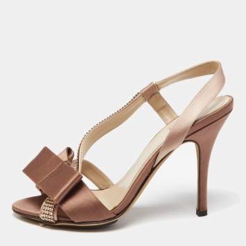 Pre Owned Fendi Brown Satin Crystal Embellished Bow Slingback Sandals Size 37