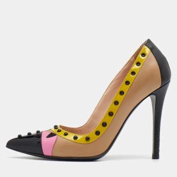 Pre Owned Fendi Multicolor Leather and Patent Leather Monster Eyes Studded Pointed Toe Pumps Size 36