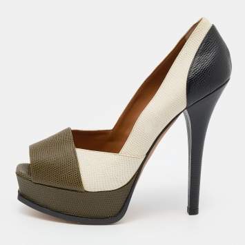 Pre Owned Fendi Tricolor Iguana Leather Fendista Peep Toe Platform Pumps Size 41