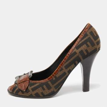 Pre Owned Fendi Brown Canvas And Leather Peep Toe Pumps Size 38