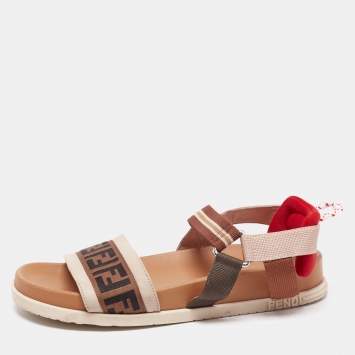 Pre Owned Fendi Multicolor Leather And Zucca Web Tape Touch-Strap Flat Sandals Size 36