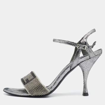 Pre Owned Fendi Metallic Silver Leather Crystal Embellished Ankle Strap Sandals Size 37