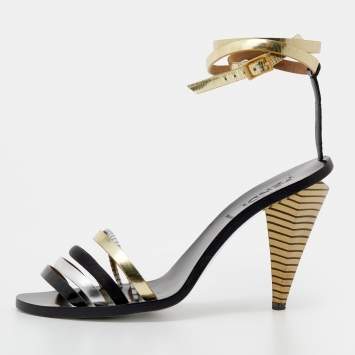 Pre Owned Fendi Multicolor Leather And Satin Ankle Wrap Strappy Sandals Size 38.5