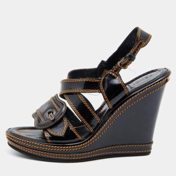 Pre Owned Fendi Black Patent Leather B Buckle Platform Wedge Sandals Size 37.5