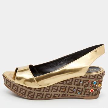 Pre Owned Fendi Metallic Gold Leather and Zucchino Canvas Slingback Wedge Sandals Size 37.5