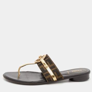 Pre Owned Fendi Metallic Gold/Brown Leather And Zucca Canvas Flat Thong Sandals Size 37