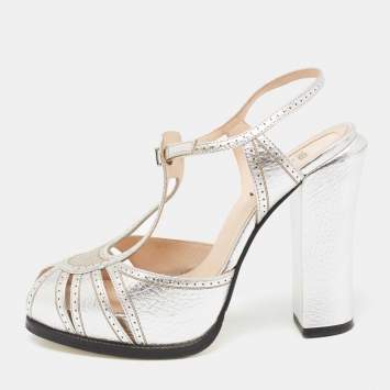 Pre Owned Fendi Silver Leather Peep-Toe T-Bar Block Heel Sandals Size 39
