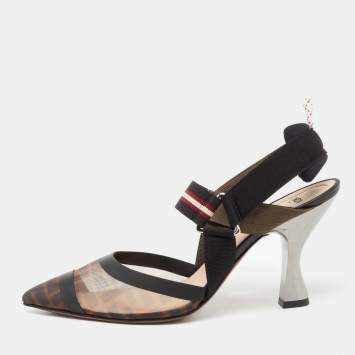 Pre Owned Fendi Black/Brown Mesh And Canvas Colibri Slingback Pumps Size 40