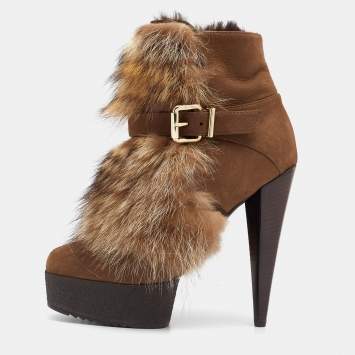 Pre Owned Fendi Brown Nubuck Leather and Raccoon Fur Platform Ankle Boots Size 37.5