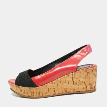 Pre Owned Fendi Pink/Black Zucca Canvas And Patent Leather Cork Platform Wedge Slingback Sandals Size 37.5