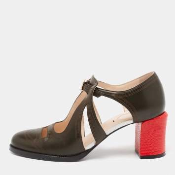 Pre Owned Fendi Dark Green/Red Leather  Mary Jane  Pumps Size 37.5
