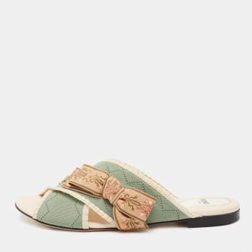 Pre Owned Fendi Green/Beige Knit Fabric Bow Cross Strap Open Toe Flats Size 37