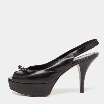 Pre Owned Fendi Black Leather Fendista Platform Slingback Sandals Size 39