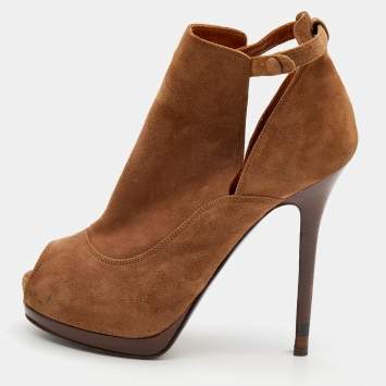 Pre Owned Fendi Brown Suede Peep Toe Platform Booties Size 38.5