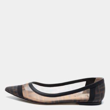 Pre Owned Fendi Brown/Black Zucca Mesh and Leather Colibri Ballet Flats Size 40