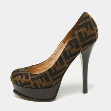 Pre Owned Fendi Tobacco Zucca Canvas Fendista Platform Pumps Size 38.5