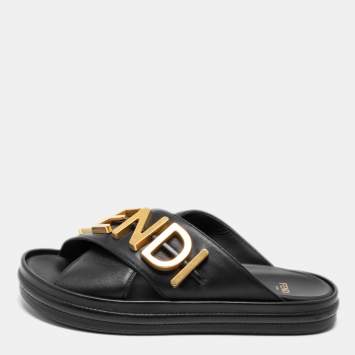 Pre Owned Fendi Black Leather Fendigraphy Slide Sandals Size 37.5